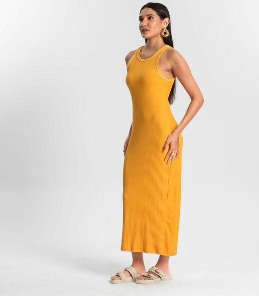 Vestido Midi sem Manga Ribana Canelada Amarelo