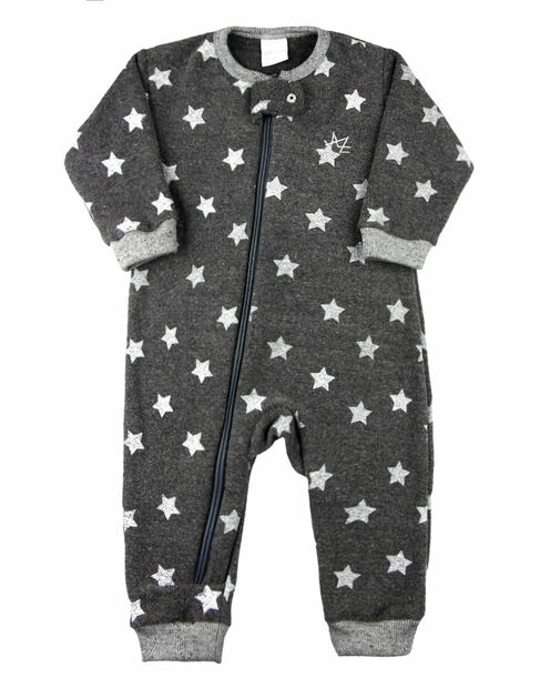 Macacão Bebê com Zíper Matelassê Reciclato Estampado Estrelas - Preto