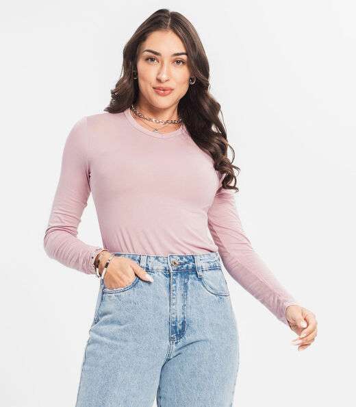 Blusa Manga Longa Decote V Básica Select Rosa