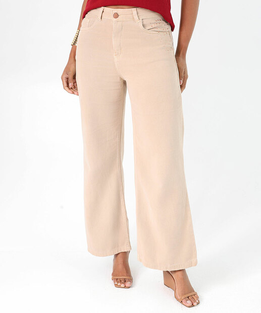 Calça Wide Leg Feminina Sarja Bolsos 