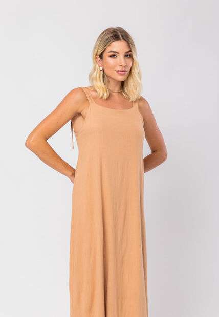 Vestido Midi Viscolinho Premium com Alças Bege Salvatore