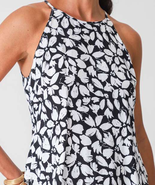 Blusa Regata Feminina Halter Neck Flores Marisa Preto