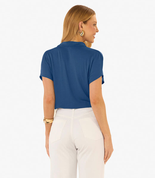 Blusa Feminina Visco Tricot Gola Polo Rovitex Azul