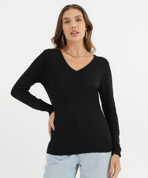 Image_Suéter Feminino Liso Gola V Marisa Preto