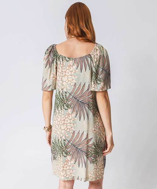 Vestido Feminino Estampa Folhas Manga Curta Marisa Verde