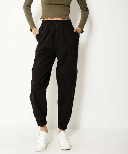 Calça Jogger Feminina Sarja Clochard Bolsos