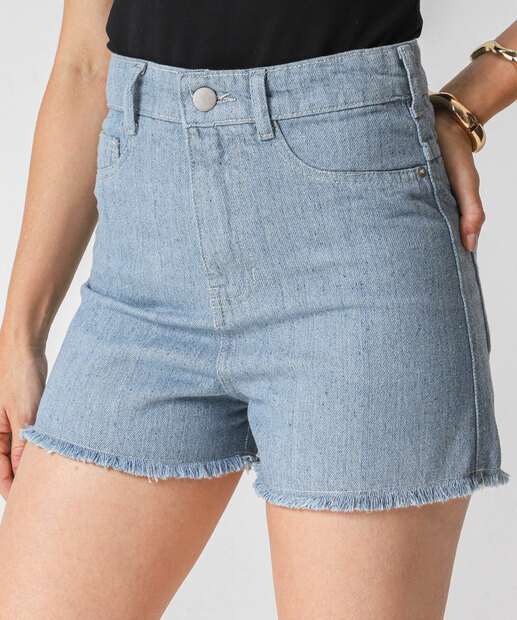 Short Jeans Feminino Cintura Alta Barra Desfiada Azul