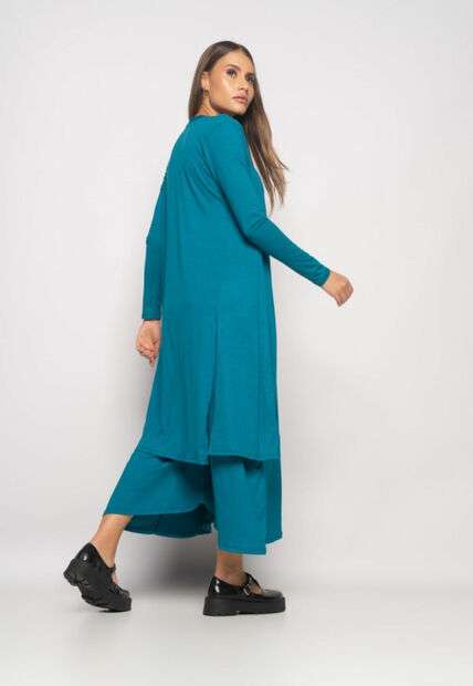 Conjunto Macacão Pantalona e Kimono Malha Azul Salvatore