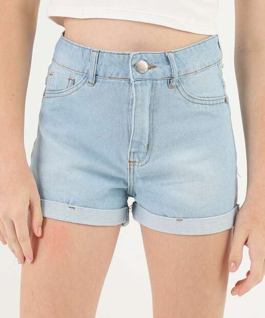 Short Juvenil Jeans Cintura Alta Barra Dobrada Tam 10 a 16 Azul