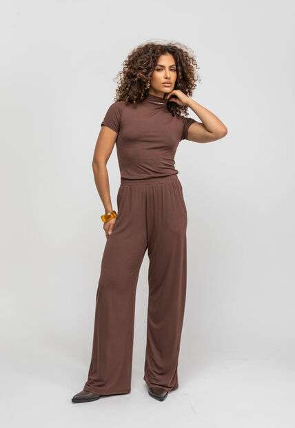 Calça Wide Leg Com Bolso Malha Marrom Salvatore Fashion