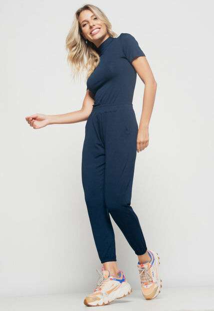 Blusa  Gola Alta Manga Curta Malha Azul