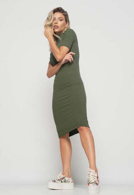 Vestido  Midi Manga Curta Canelado Verde Salvatore Fashion