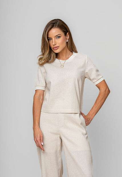 Blusa Alfaiataria Gola Ribana Manga Curta Marfim Salvatore