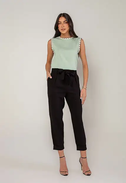 Regata Alfaiataria Com Renda nas Cavas E Gola Verde Salvatore