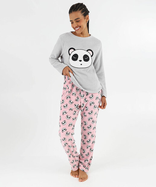 Pijama Feminino Plush Estampa Panda Manga Longa Marisa