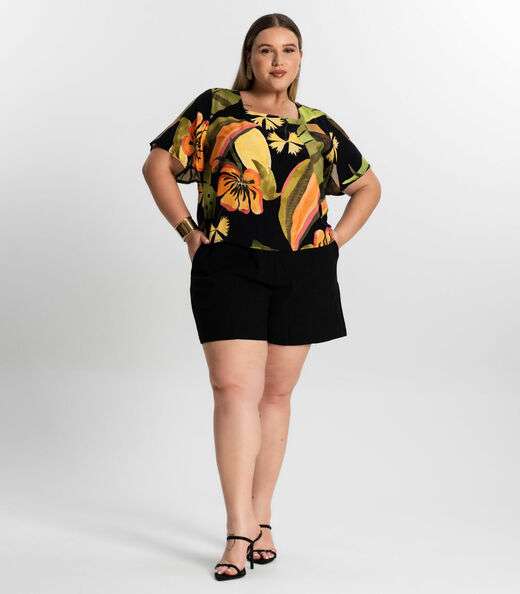 Blusa Feminina Plus Size Estampada Secret Glam Preto