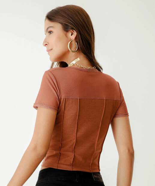 Blusa Feminina Pala Manga Tule Marisa Marrom