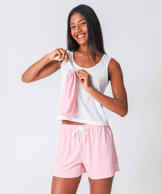 Pijama Feminino Corações Sem Manga Marisa Rosa