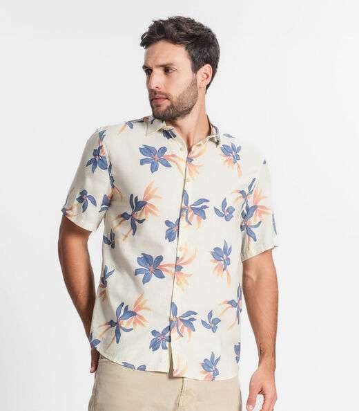Camisa Masculina Florida Com Botões Select Bege