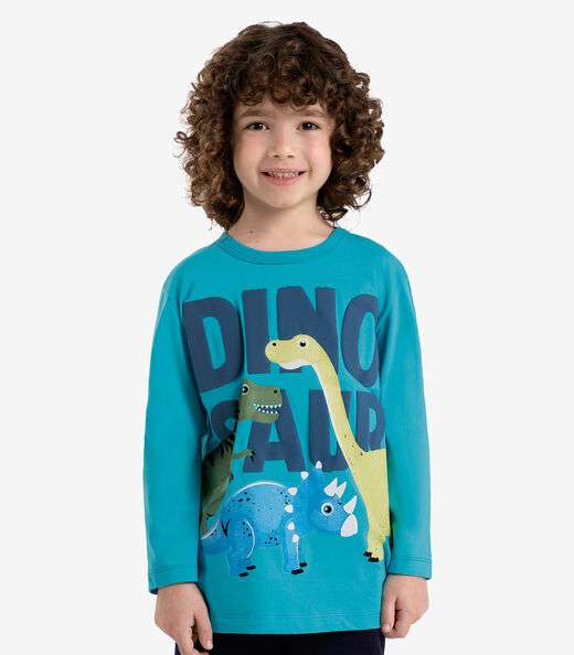 Camiseta Infantil Manga Longa Dino Rovi Kids Azul