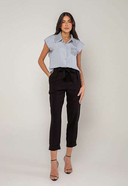 Blusa Alfaiataria Com Gola Em Renda E Bolso Decorado Azul Salvatore