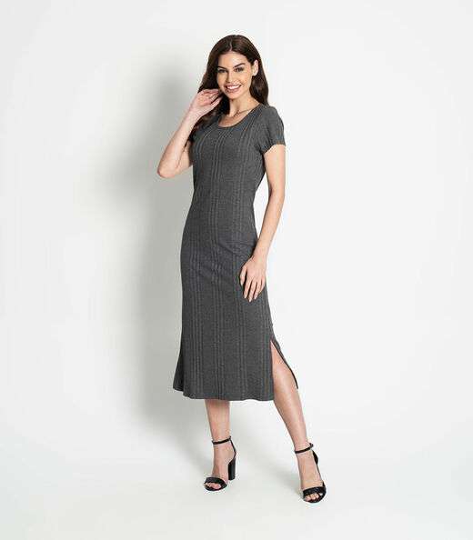 Vestido Feminino Midi Básico Rovitex Cinza