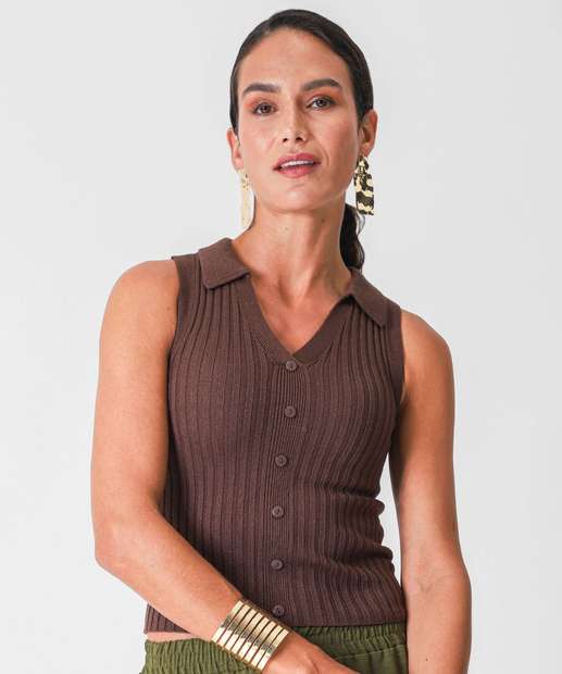 Image_Blusa Polo Feminina Tricô Botões Sem Manga Marisa Marrom