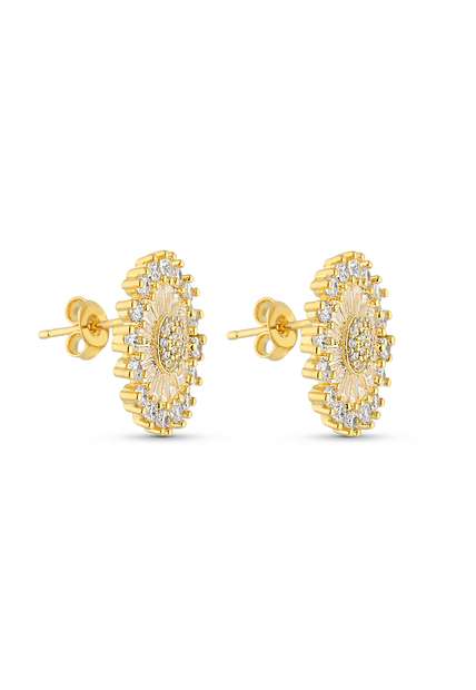 Brinco Semijoia Redondo Cravejado Com Zircônias Cristal Banho Em Ouro 18 k