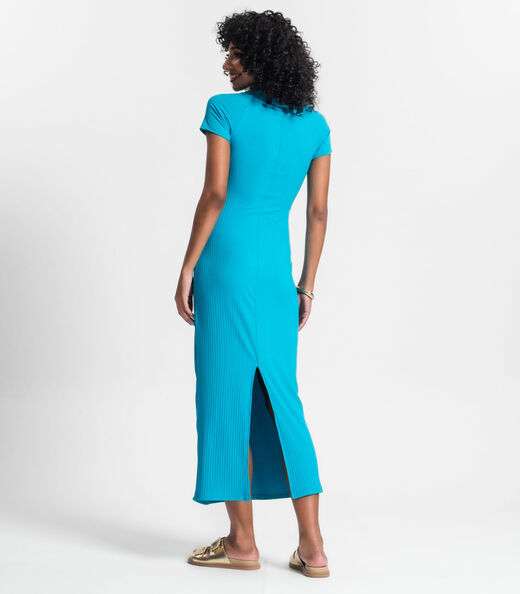 Vestido Midi Em Ribana Canelada Rovitex Azul