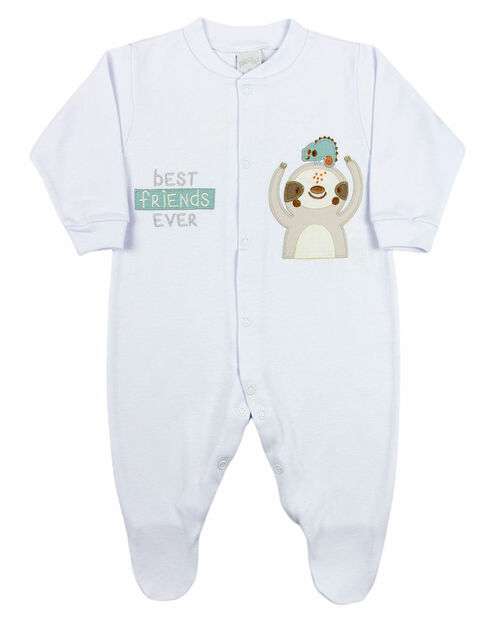 Macacao Bebe Menino Longo Suedine Fio Egípcio Bordado Bicho Preguiça - Branco