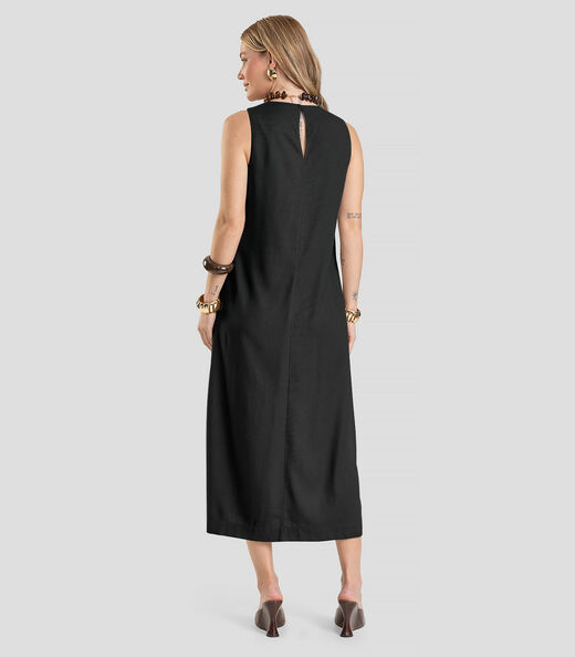 Vestido Midi Feminino em Tecido Linho Dianna Preto