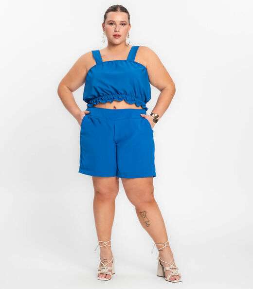 Shorts Feminino Plus Size Crepe Light Secret Glam Azul