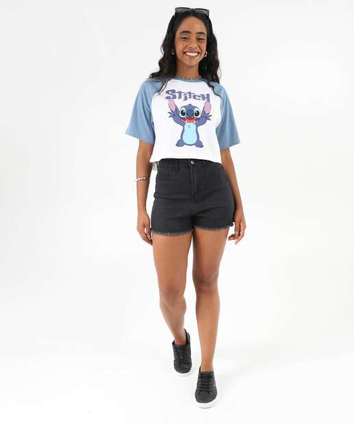 Blusa Cropped Feminina Stitch Manga Curta Disney Azul