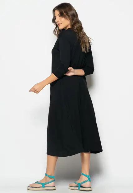 Vestido Midi Com Bolsos E Manga 7/8 Preto Salvatore