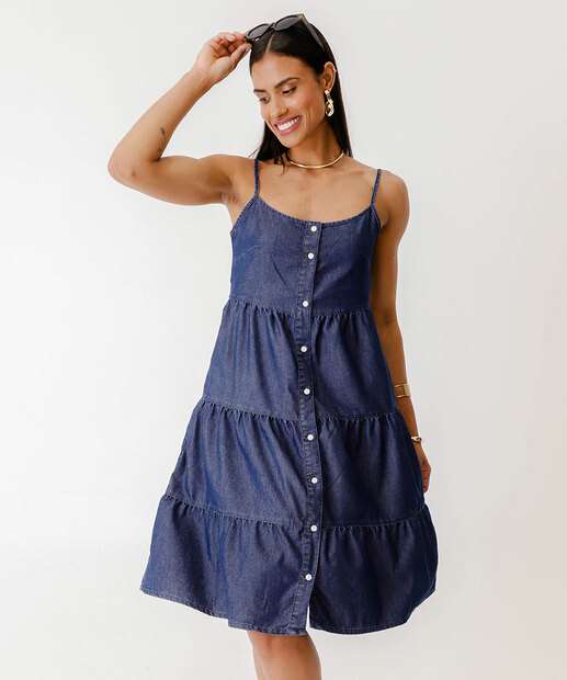 Vestido Feminino Jeans Botões Alças Finas Marisa
