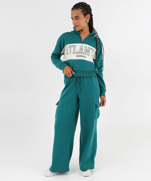 Image_Calça Feminina Moletom Wide Leg Cargo Marisa Verde