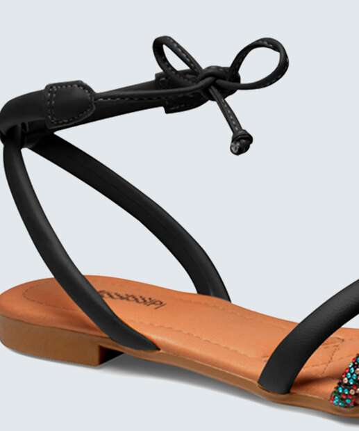 Sandália Feminina Rasteira Strass Amarração Mississipi