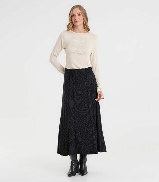 Saia Midi Feminina Em Viscotorcion Rovitex Preto