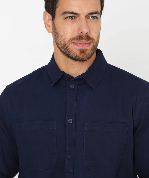 Camisa Masculina Sarja Manga Longa MR Azul 