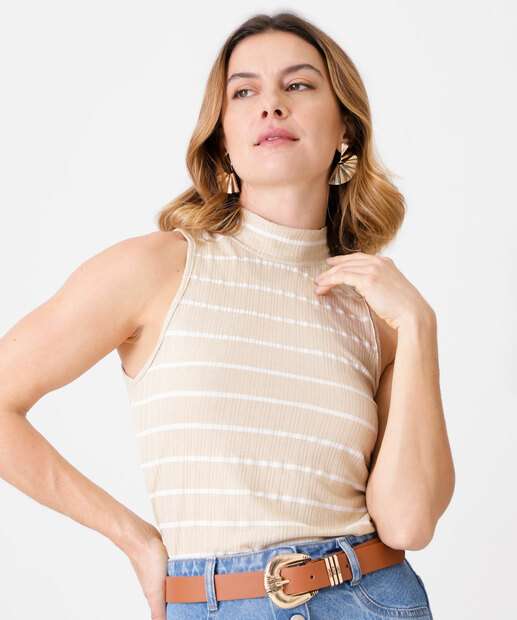 Blusa Feminina Listrada Gola Alta Sem Manga Marisa
