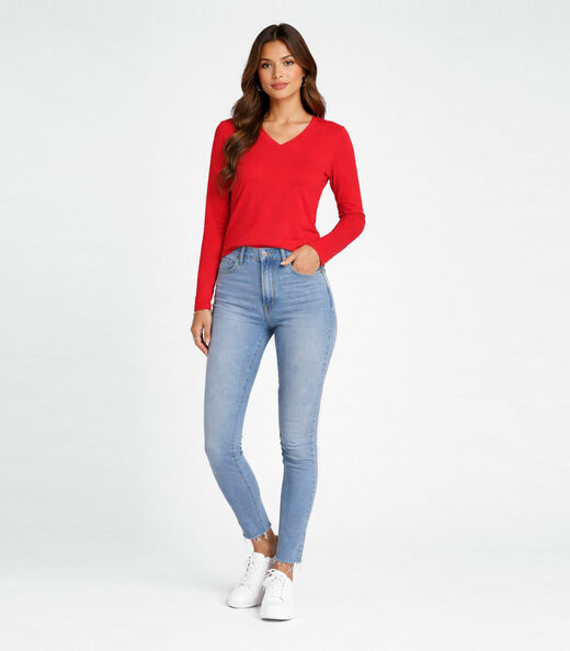 Blusa Manga Longa Decote V Básica Select Laranja
