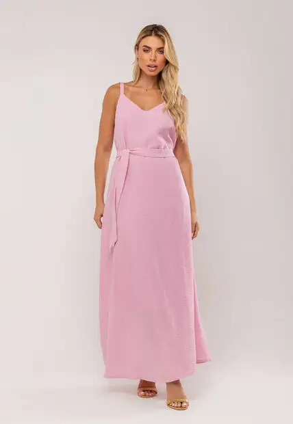 Vestido Longo Com Faixa Na Cintura Rosa Salvatore