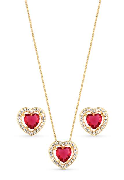 Image_Conjunto Semijoia Colar E Brinco Coração Fúcsia E Micro Zircônias Banhado A Ouro