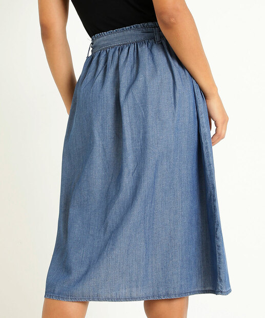 Saia Midi Feminina Jeans Botões Amarração Marisa