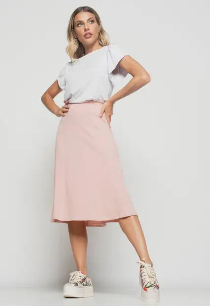 Saia  Midi Godê Canelada Rosa Claro