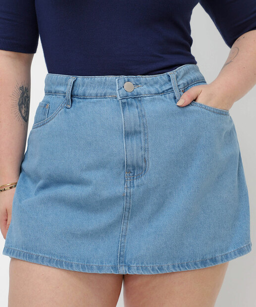 Short Saia Plus Size Jeans Bolsos Feminino Vizzy Azul