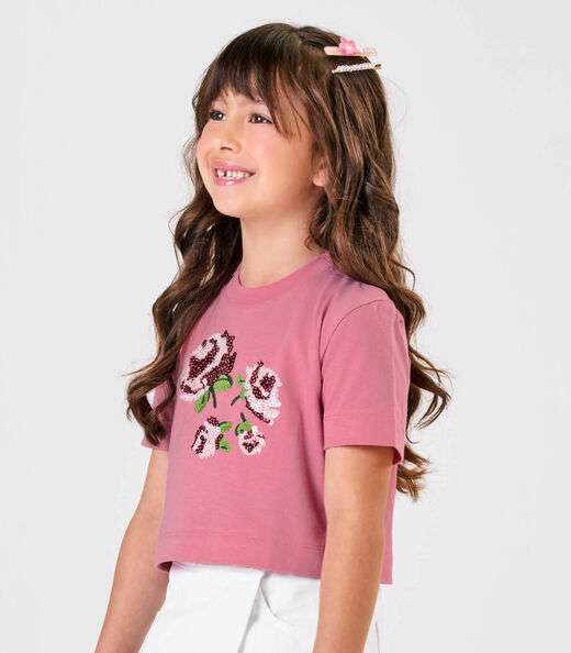 Blusa Manga Curta Aplique Lantejoulas Trick Nick Rosa