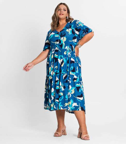 Vestido Midi Estampado Plus Size Secret Glam Azul
