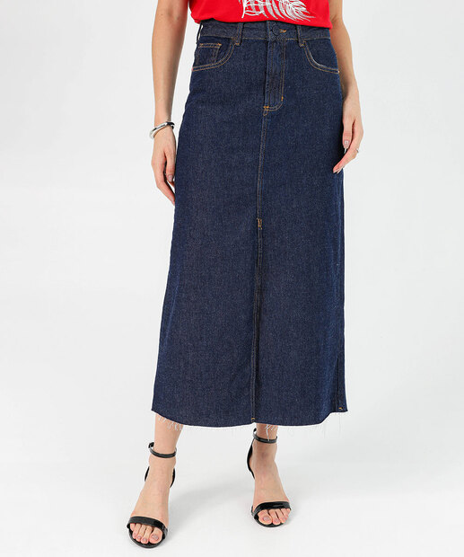 Saia Longa Jeans Feminina com Fenda Frontal Marisa