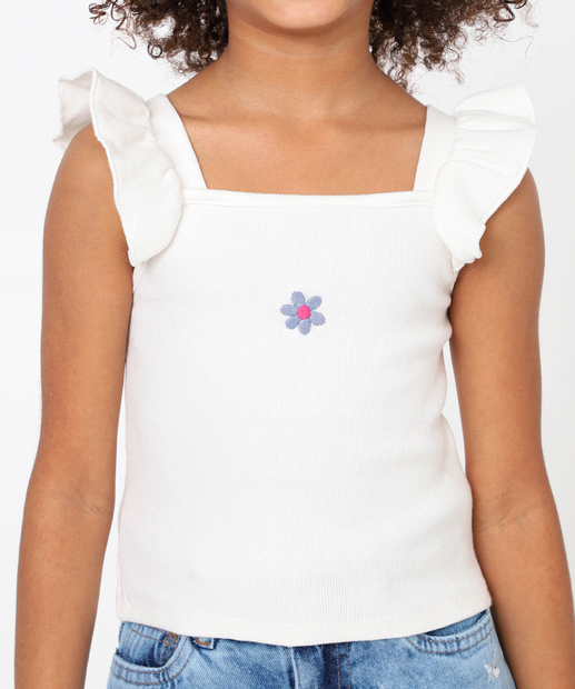 Blusa Infantil Canelada Bordado Flores Marisa Tam 4 a 10 Off White